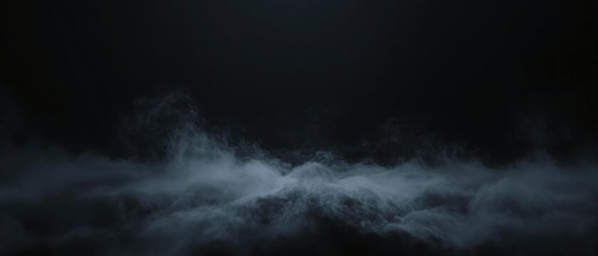 A misty fog floats gently on a dark canvas of blackness creating an eerie atmosphere, smoke on black background, cloud formation, gloomy environment, misty veil, foggy scene