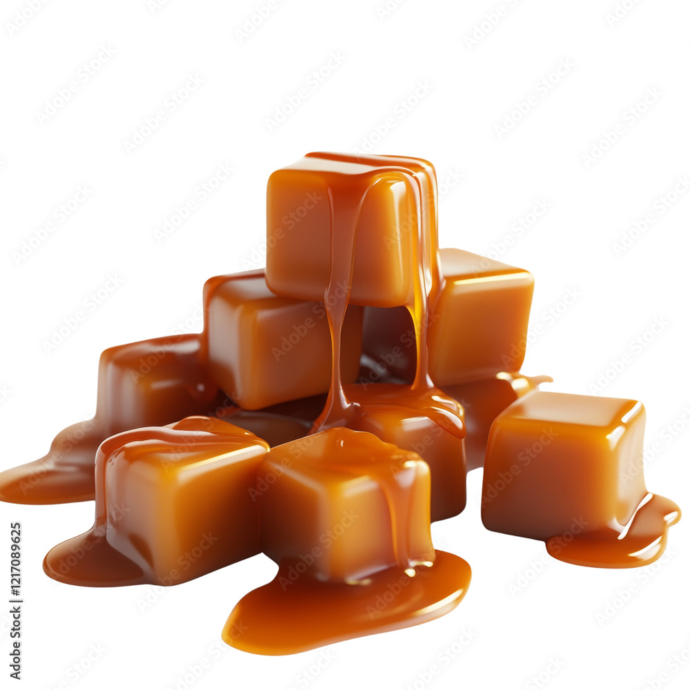 Poster a tempting pile of square caramel candies with rich caramel sauce dripping down, creating a visually
