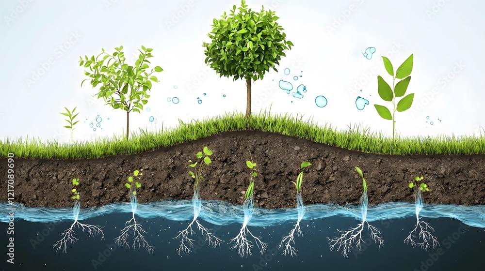 Poster lush green landscape with trees and plants showing root structures underneath water, representing gr