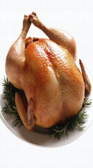 A beautifully roasted chicken with a golden-brown skin garnished with rosemary, placed on a white plate against a plain background.