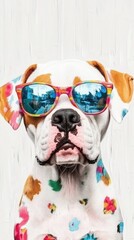 A colorful cartoon-style dog with sunglasses poses against a white background, exuding a playful and vibrant vibe.