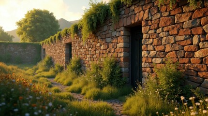 Fototapeta premium Rustic stone wall bathed in the warm glow of the setting sun. Overgrown with greenery, a peaceful path winds alongside.