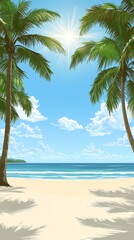 Idyllic Tropical Beach Scene with Palm Trees Framing a Sunny Ocean View