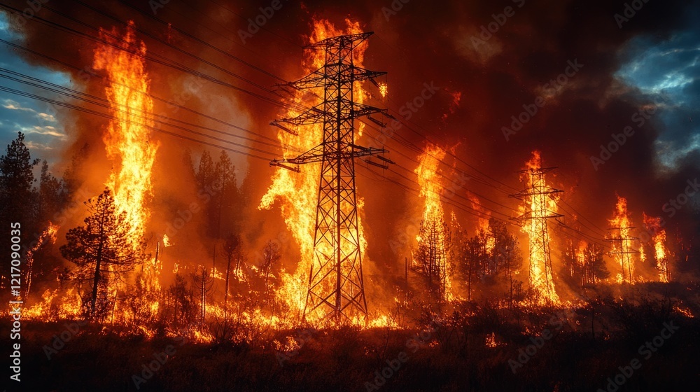 Poster a large fire is burning in the middle of a field, ideal for use as a background or to represent dest