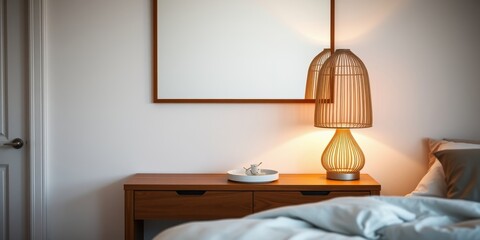 Warm bedroom ambiance with illuminated wicker lamp on wooden nightstand