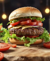 Gourmet cheeseburger with fresh lettuce and tomato, restaurant, mealtime