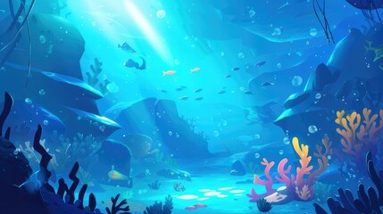 Fototapeta premium A vibrant underwater scene with colorful fish and coral, illuminated by rays of sunlight.