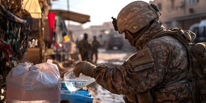 US Soldier Obtaining Water in Market Setting - Powered by Adobe