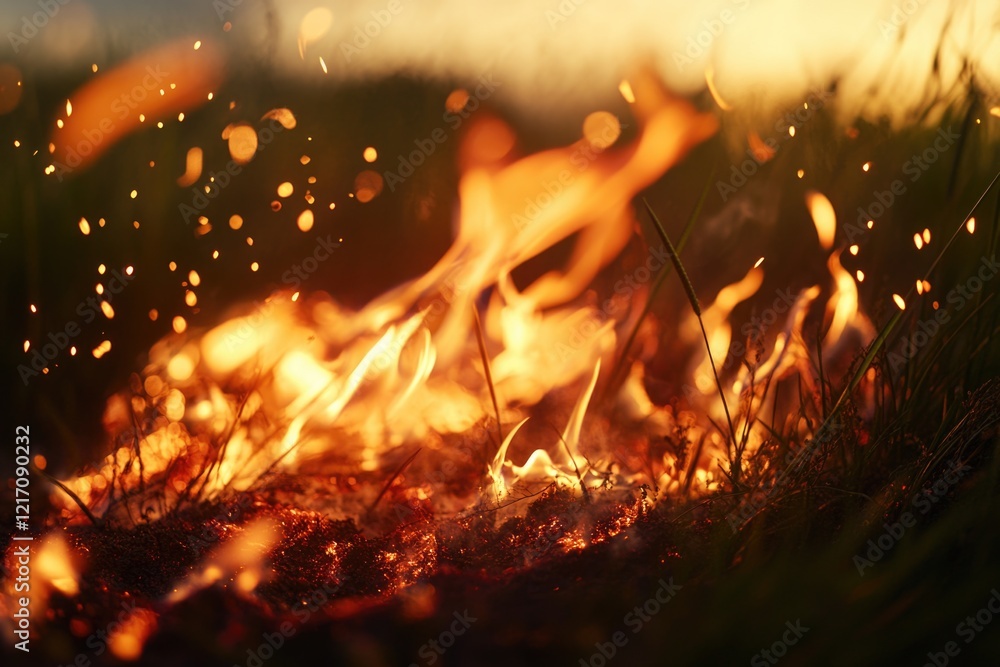 Poster a burning flame in a grassy area, suitable for use as a background or to represent warmth and comfor