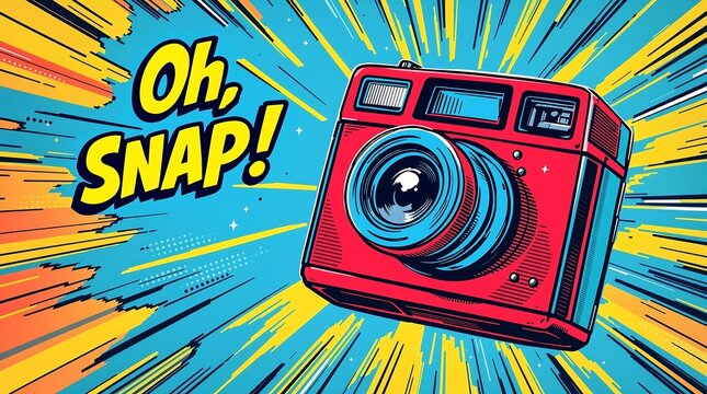 Vintage camera pop art poster with comic book style and a colorful background, emphasizing the concept of photography.