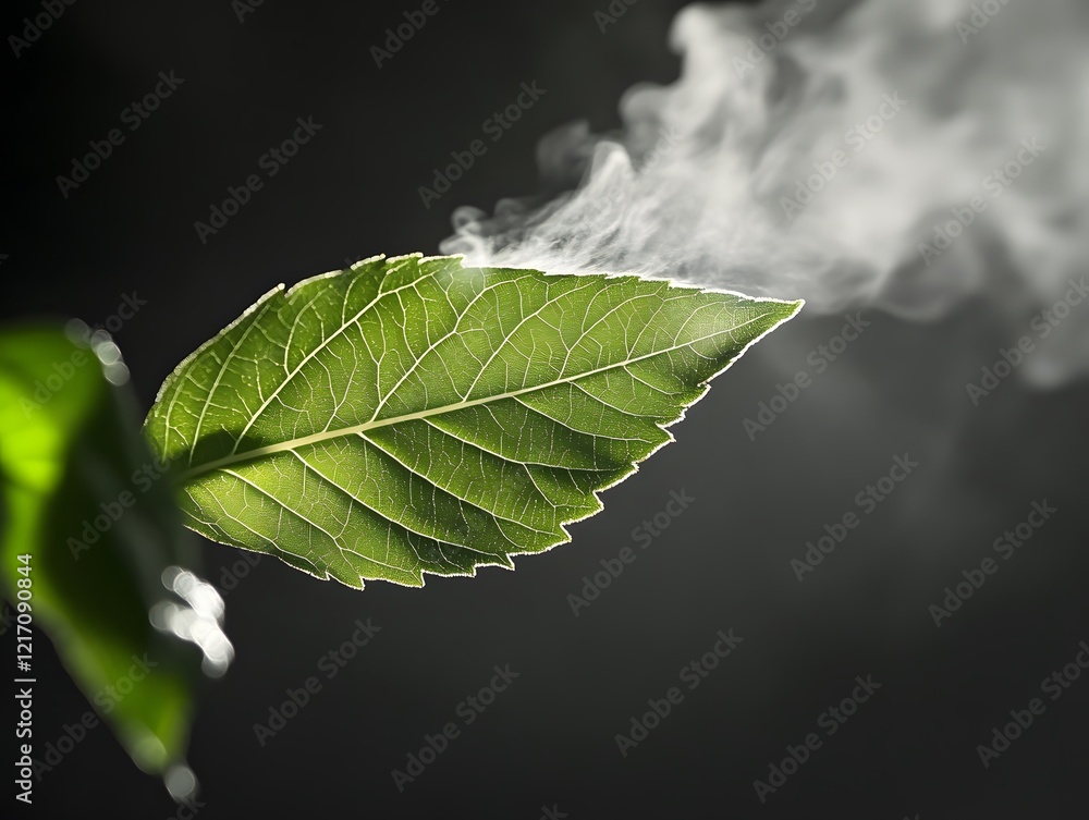 Poster Close-Up of a Single Green Leaf Surrounded by Wisps of Smoke, Capturing the Intriguing Contrast Between Nature and Ethereal Elements in a Dark Background
