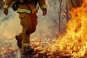 A firefighter walks through a field of fire, highlighting the bravery and skill required in this challenging situation
