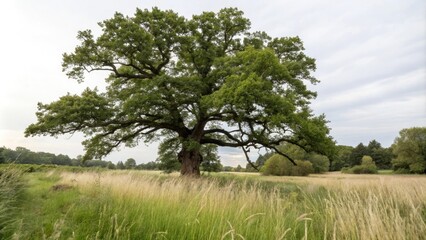 Fototapeta premium A majestic oak tree stands in a clearing surrounded by tall grasses, majestic oak tree, wildflowers