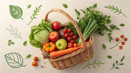 Basket with Organic Fruits and Vegetables, Eco-Friendly Farming, Renewable Energy Focus