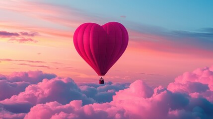 Fototapeta premium A vibrant pink heart-shaped hot air balloon floats above fluffy clouds during a stunning sunset, creating a romantic and dreamy atmosphere.
