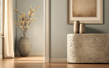 Modern interior design with a minimalist aesthetic and natural accents in a serene space