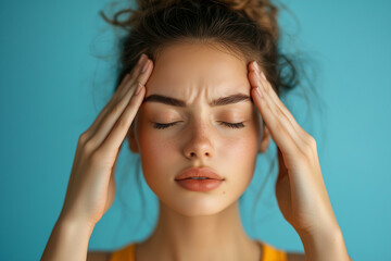 Fototapeta premium Woman suffering from headache massaging temples. Young girl with migraine and stress, tired and exhausted person with emotional pressure