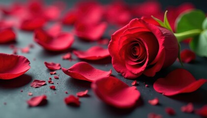 Luxurious crimson rose petals strewn across a surface, silk, romance