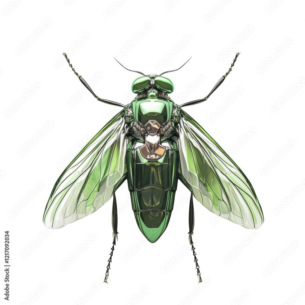 Poster a digital rendering depicts a detailed metallic green insect with highly polished wings and body aga
