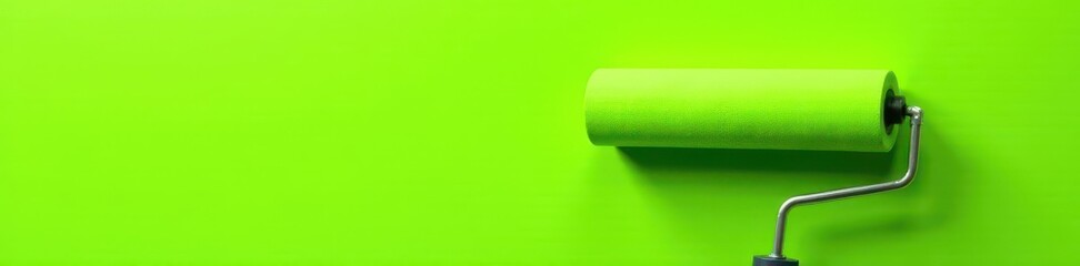 Obraz premium Lime green wall paint application, roller close-up, palette, brush