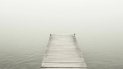 Obraz premium Tranquil wooden dock extending into a foggy lake, creating a serene and peaceful atmosphere