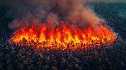 A large fire is burning in the middle of a forest, with flames and smoke filling the air