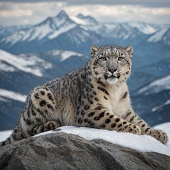 Obraz premium A snow leopard resting on a rocky mountain ledge with a snowy backdrop.