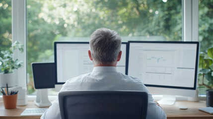 Businessman Working on Dual Monitors in a Modern Office