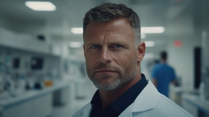 Obraz premium A confident male doctor smiles slightly while standing in a bright hospital corridor, creating a professional and welcoming atmosphere.