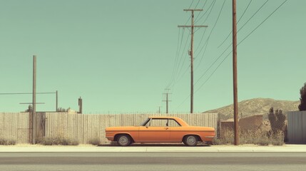Fototapeta premium Vintage orange car parked along a deserted road with telephone poles and mountains in the background