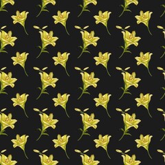 Delightful watercolor lilies create a seamless floral pattern for fabric and packaging design