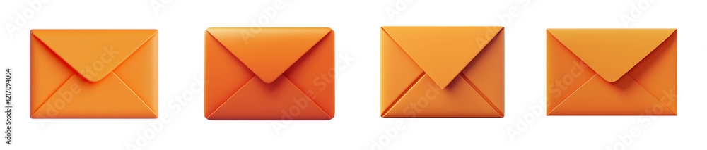 Poster A digital rendering showcases four identical orange envelopes neatly arranged in a horizontal row against a black background.