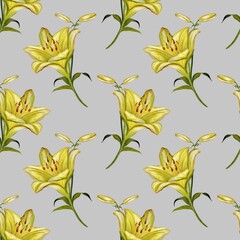 Beautiful yellow lilies in a seamless watercolor pattern for fabric and wallpaper design