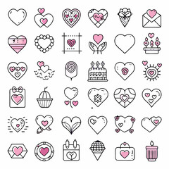 Love line icons set. Happy Valentine day signs and symbols. Love, couple, relationship, dating, wedding, holiday, romantic amour theme. Heart, lips, gift.