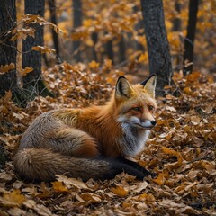 Fototapeta premium A red fox curled up amidst autumn leaves in a tranquil forest.