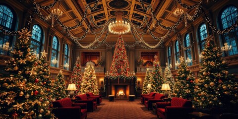 Obraz premium A Grand Festive Hall Adorned with Numerous Decorated Christmas Trees and Elegant Furnishings