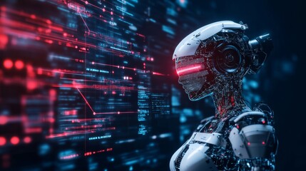 Fototapeta premium Digital hologram of a humanoid robot with glowing lines and futuristic cybernetic design in a dark blue environment