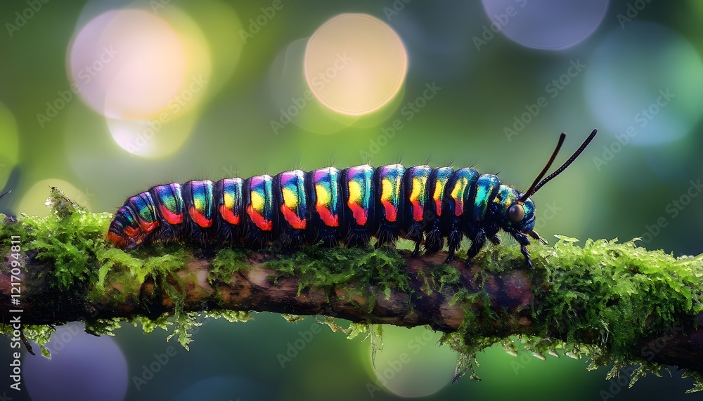 Poster vibrant caterpillar resting on mossy branch with soft blurred background, showcasing nature's colorf
