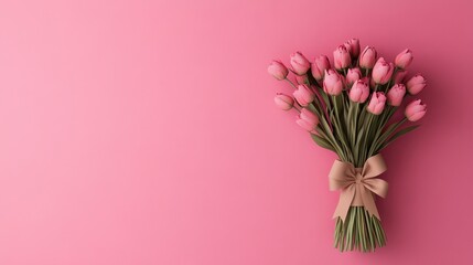 Fototapeta premium Elegant Bouquet of Pink Tulips Wrapped in Paper with Bow on Pink Background