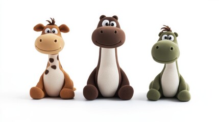 Naklejka premium A set of three cartoon animal toys featuring a giraffe, horse, and dinosaur. Each toy is brightly colored and neatly isolated on a white background.