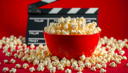 Movie theater, popcorn in red bowl, film clapperboard, cinematic lighting, dramatic red background, white spotlights, scattered popcorn kernels, movie night ambiance, high contrast, vibrant colors, cl