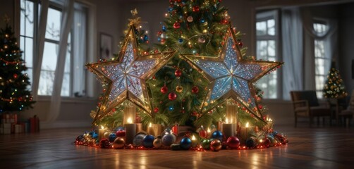 Fototapeta premium A large star-shaped Christmas tree with colorful glass ornaments and lights , festive, Christmas decorations