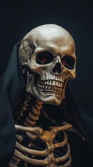 A grim reaper illustration featuring a skeletal figure with a dark cloak, set against a shadowy background, exuding an eerie and horror-themed atmosphere.