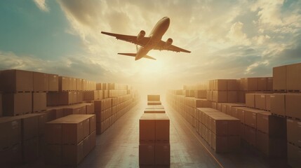airplane flying over an open warehouse of boxes, shipping concept