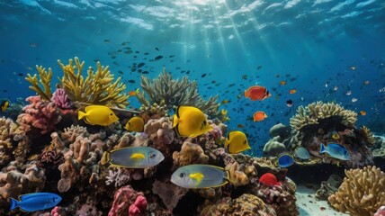 Vibrant Underwater Paradise: A Colorful Array of Tropical Fish Amidst Exotic Coral Reefs Under Sunlight