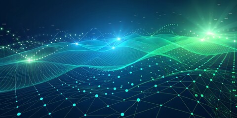 Fototapeta premium abstract digital network background featuring interconnected glowing nodes and lines, forming a futuristic grid. Use vibrant shades of green and blue with a gradient effec (12)