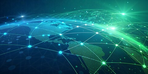 Obraz premium abstract digital network background featuring interconnected glowing nodes and lines, forming a futuristic grid. Use vibrant shades of green and blue with a gradient effec (12)