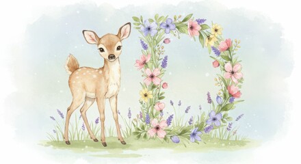 Cute deer with floral wreath in pastel watercolor forest scene
