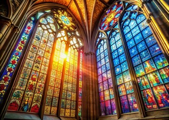 Stained Glass Window Sunbeams Church,  Deep Depth of Field Photography