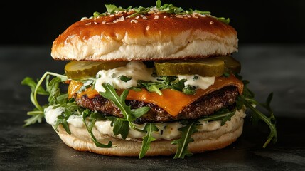 A freshly made burger stacked with all the fixings, accompanied by a side of fries and ketchup, placed on a clean white surface.